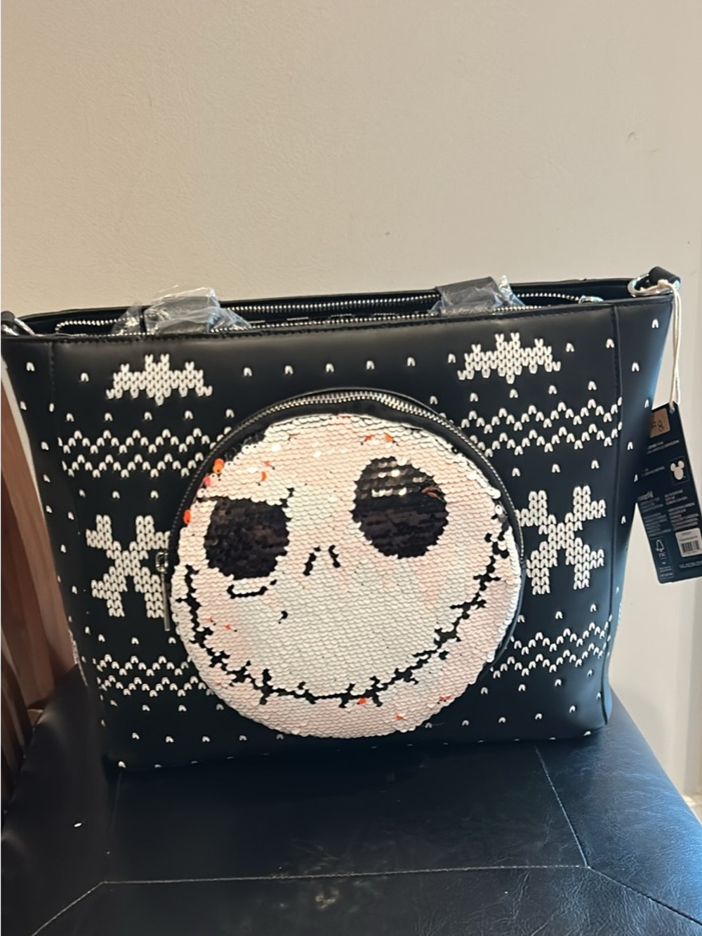 Loungefly Black Tote with White Sequin Jack Skellington Face
